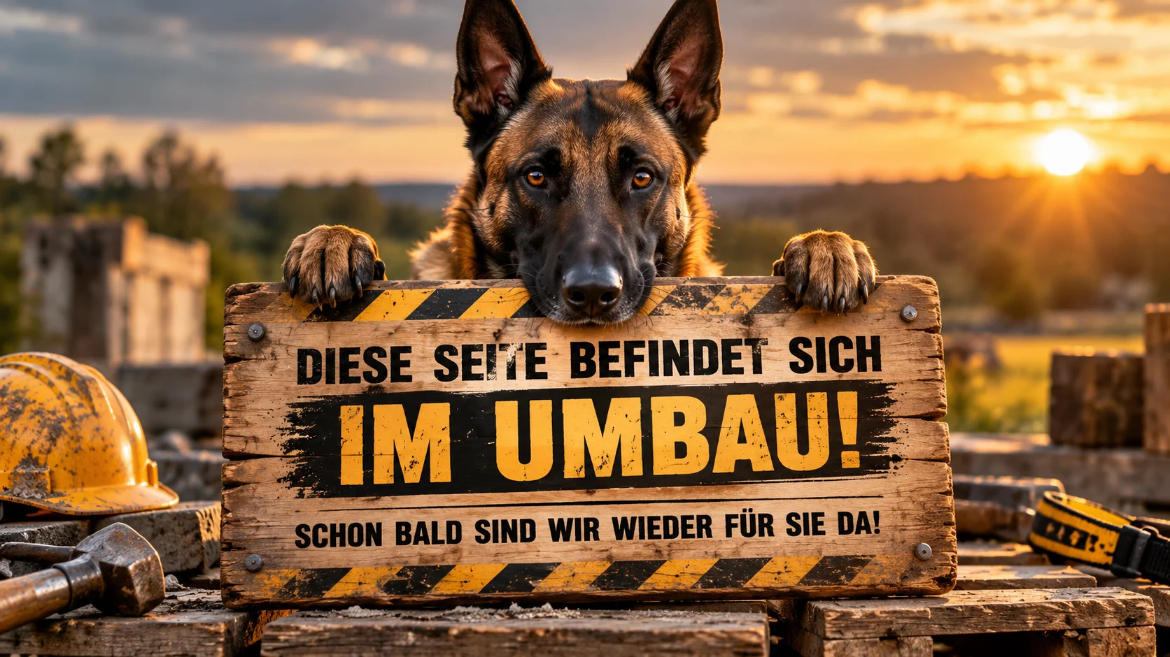 Ein Schäferhund schaut über ein Baustellen-Schild mit der Aufschrift: Im Umbau